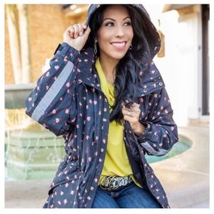 Cabi Rainy Day Jacket Floral Hooded Waterproof Anorak Coat Style 4115 XS Black